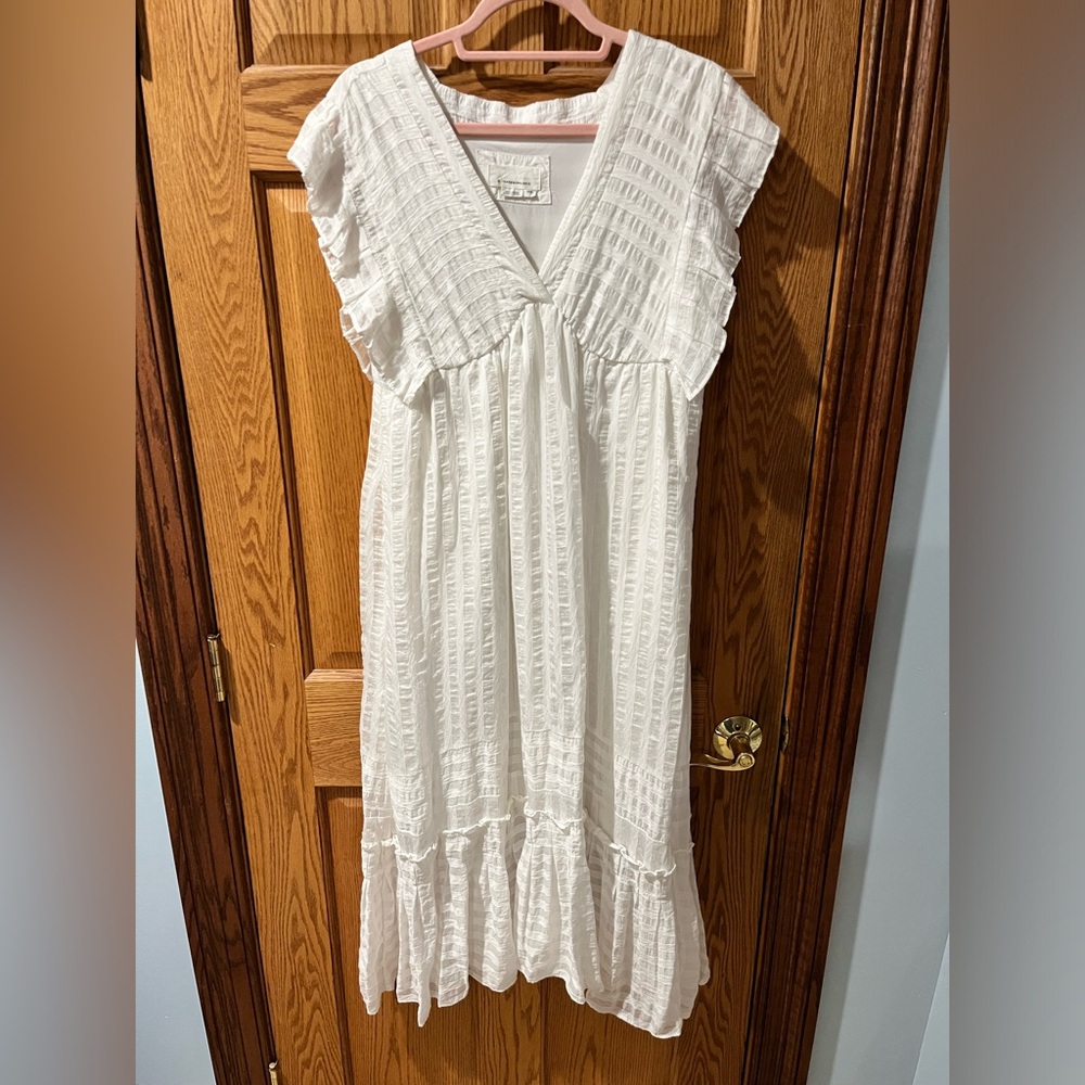 Anthropologie Cream Textured V-Neck Dress